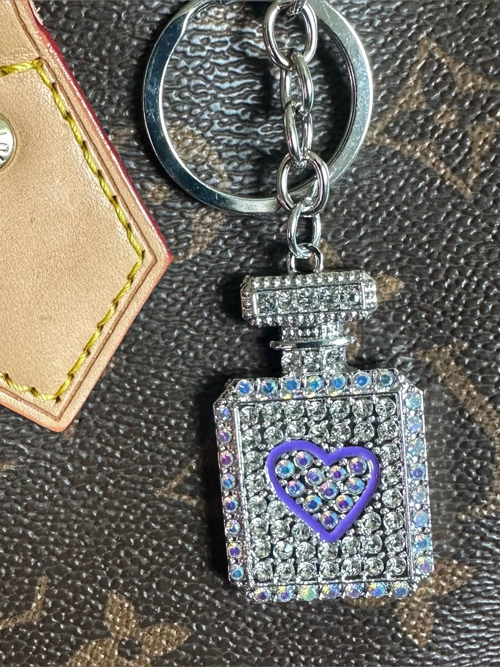 Silver Crystal Perfume Bottle Bag Charm Keychain w/Purple Heart Charm NWT